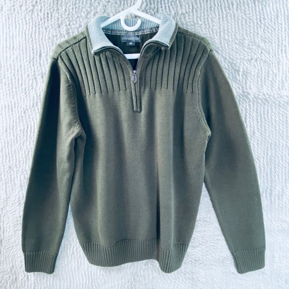 Covington Men's Sweater 1/4 ZipUp Ribbed Long Sleeve Dark Green Small